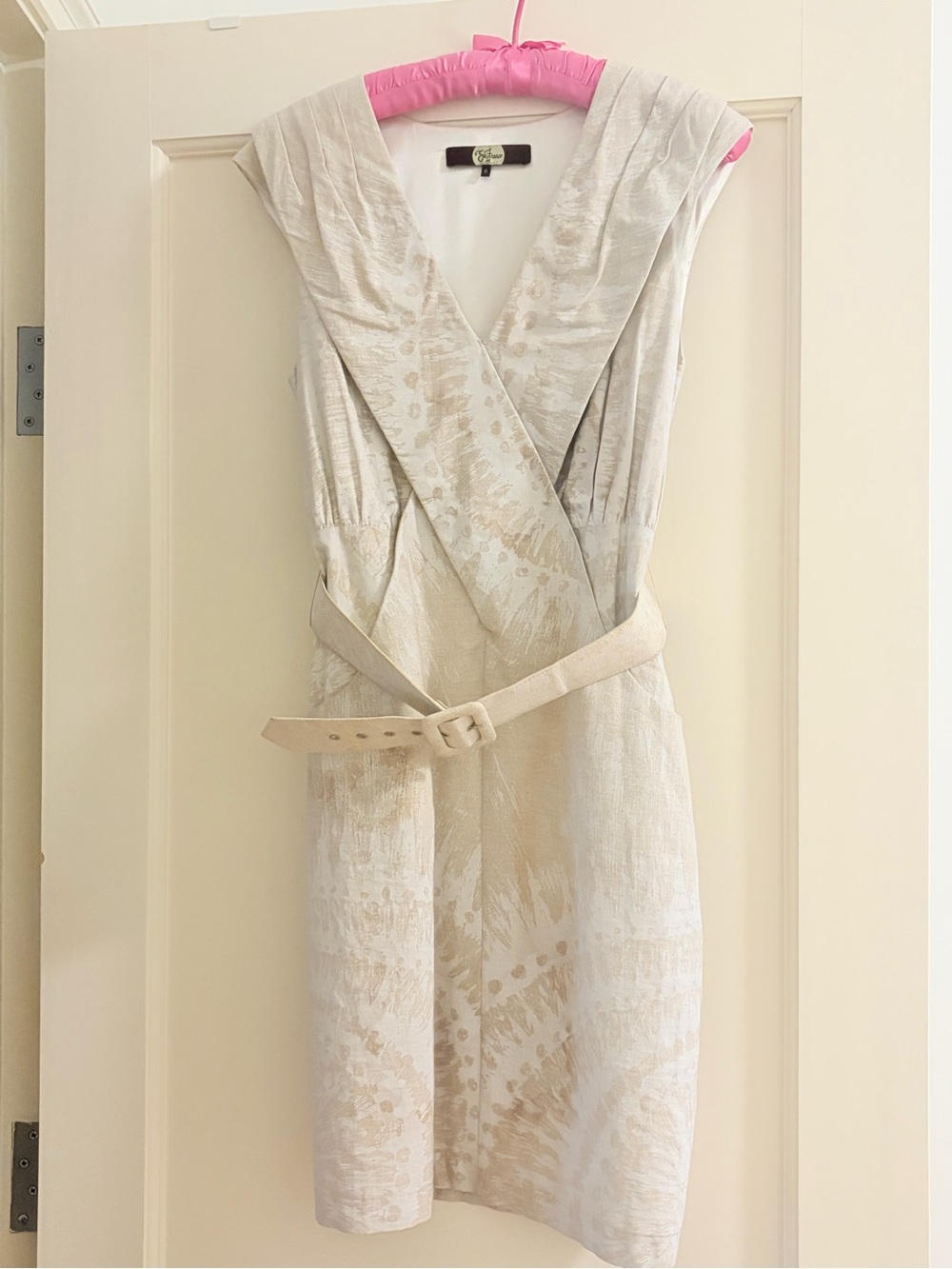 Eva Franco Cream and Light Beige Sleeveless Wrap Dress